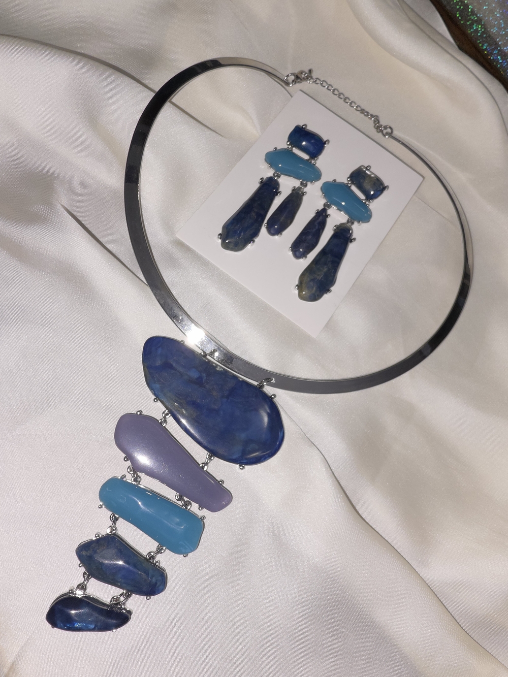 Blue Multi-Stone Chrome Silvertone Statement Choker Necklace and Earring Set